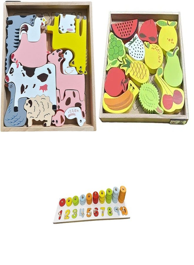 Kinder Creative 3D Domestic Animals Stacking Puzzle,3D Fruits Stacking Puzzle,Peg Number Ring Counting Set, Educational Puzzle and Toys for Kids Pack of 3 - Image 1